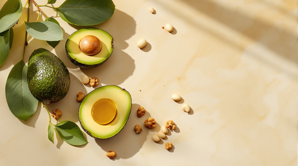 Fresh avocado, macadamia nuts, walnuts and olive oil arranged on a marble surface representing healthy fats that fuel ketosis on a ketogenic diet
