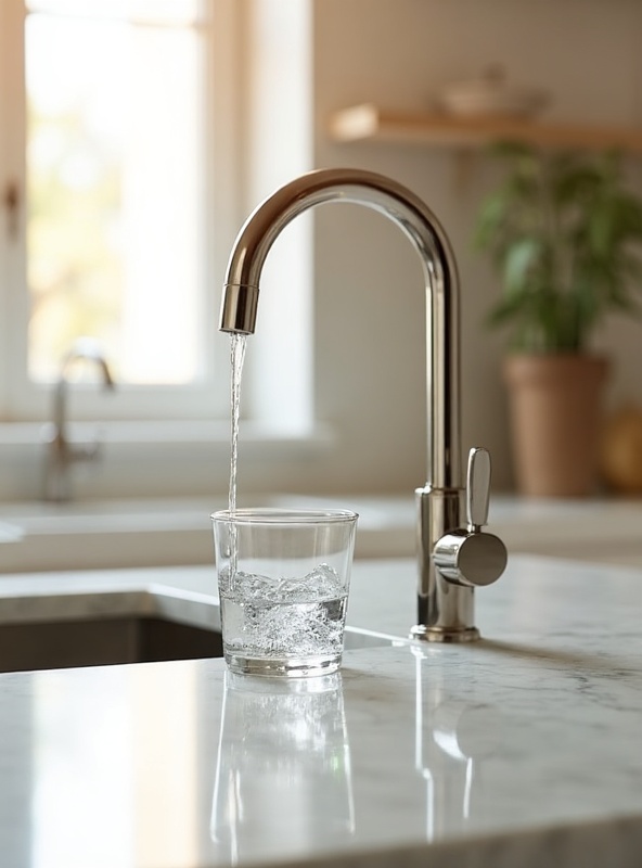 Clean filtered water flowing from modern kitchen faucet