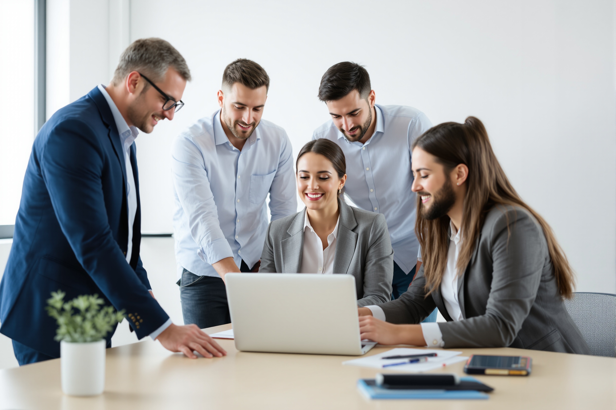 Business team gathered around laptop setting up a project workspace