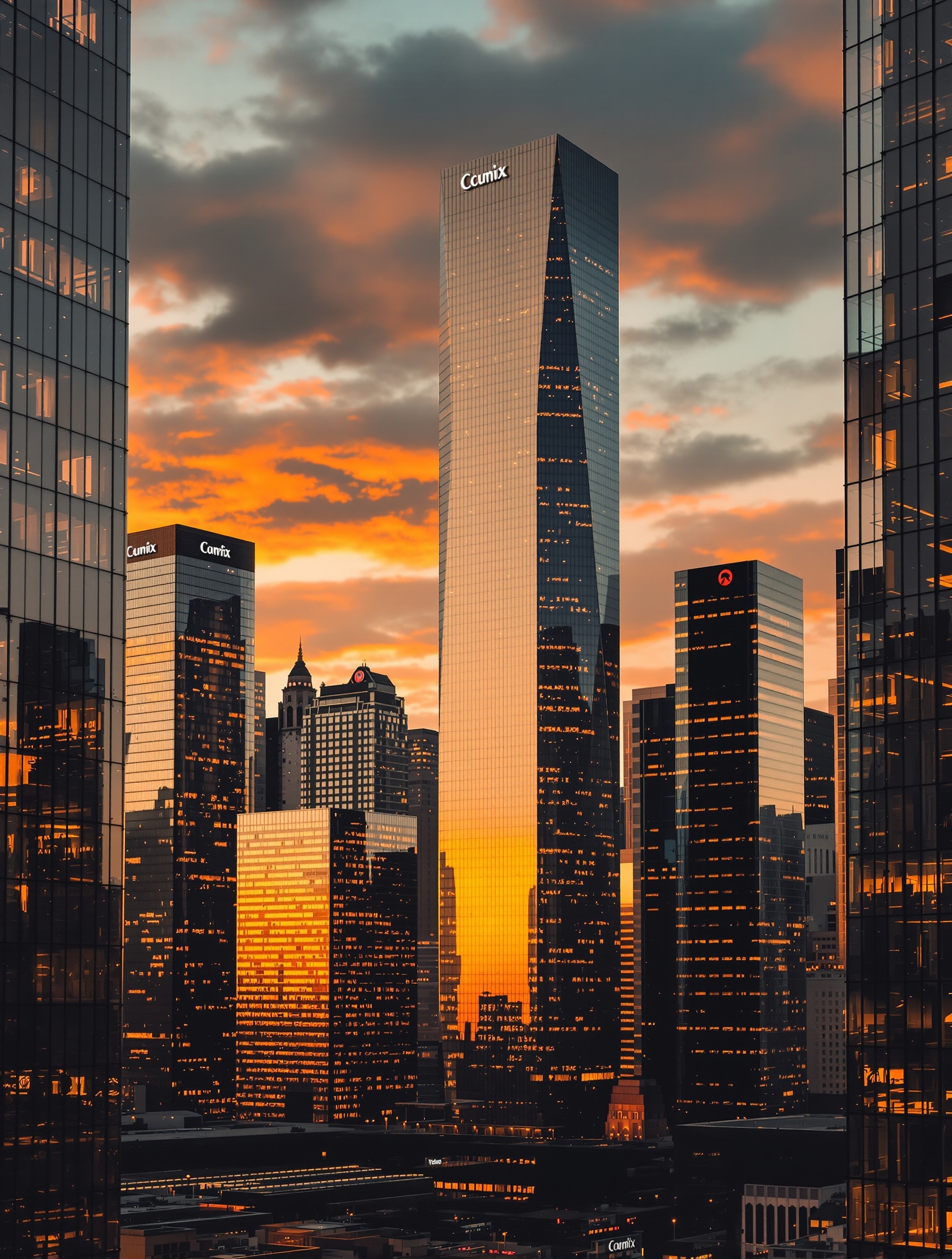 Modern city skyline at dusk with glass skyscrapers