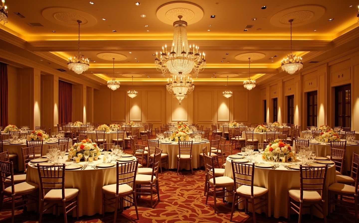 Elegant event venue ballroom with chandeliers and fine dining setup