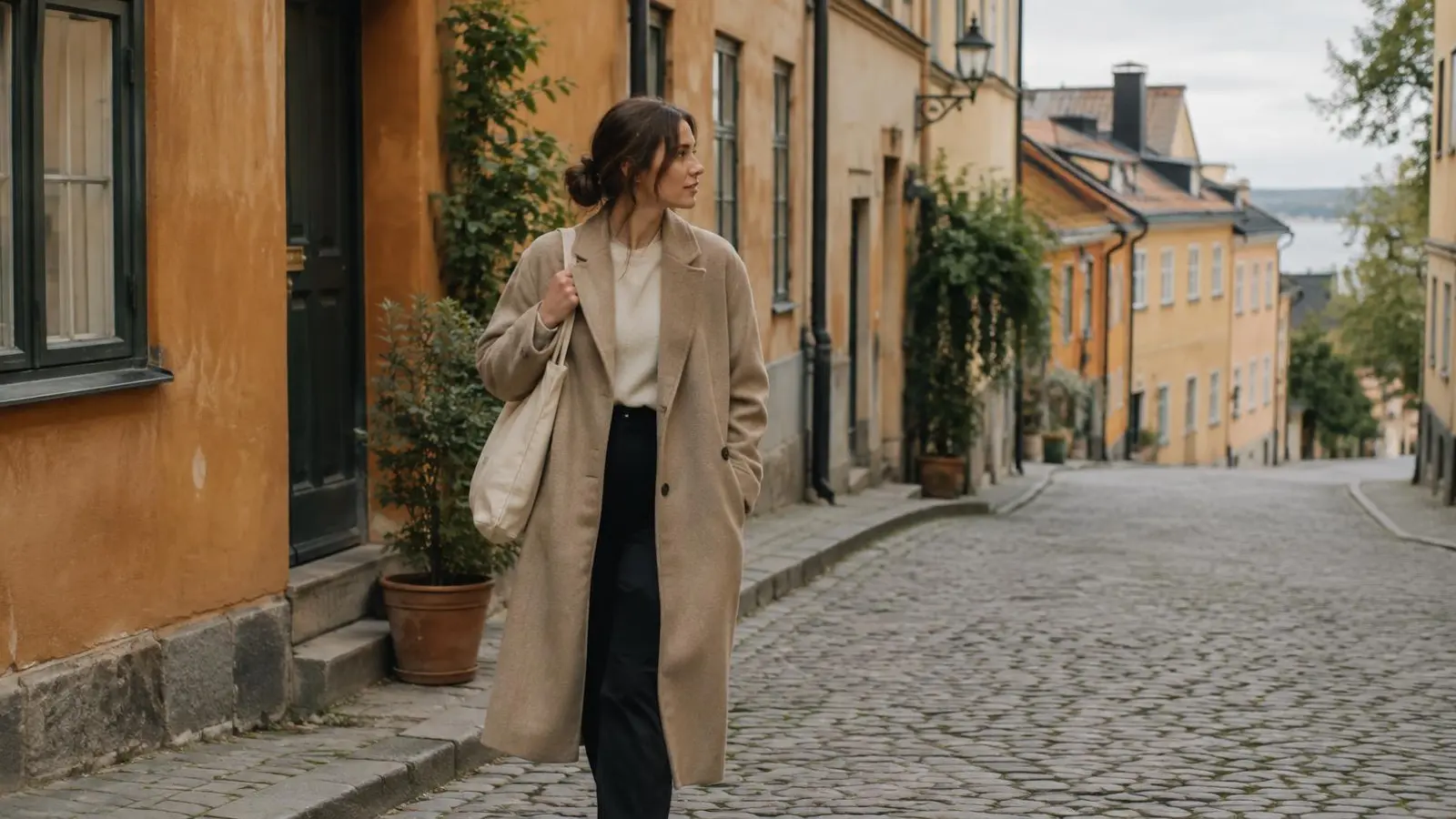 Person i lang beige frakke med stof-taske på en stille brostensgade med varme facader