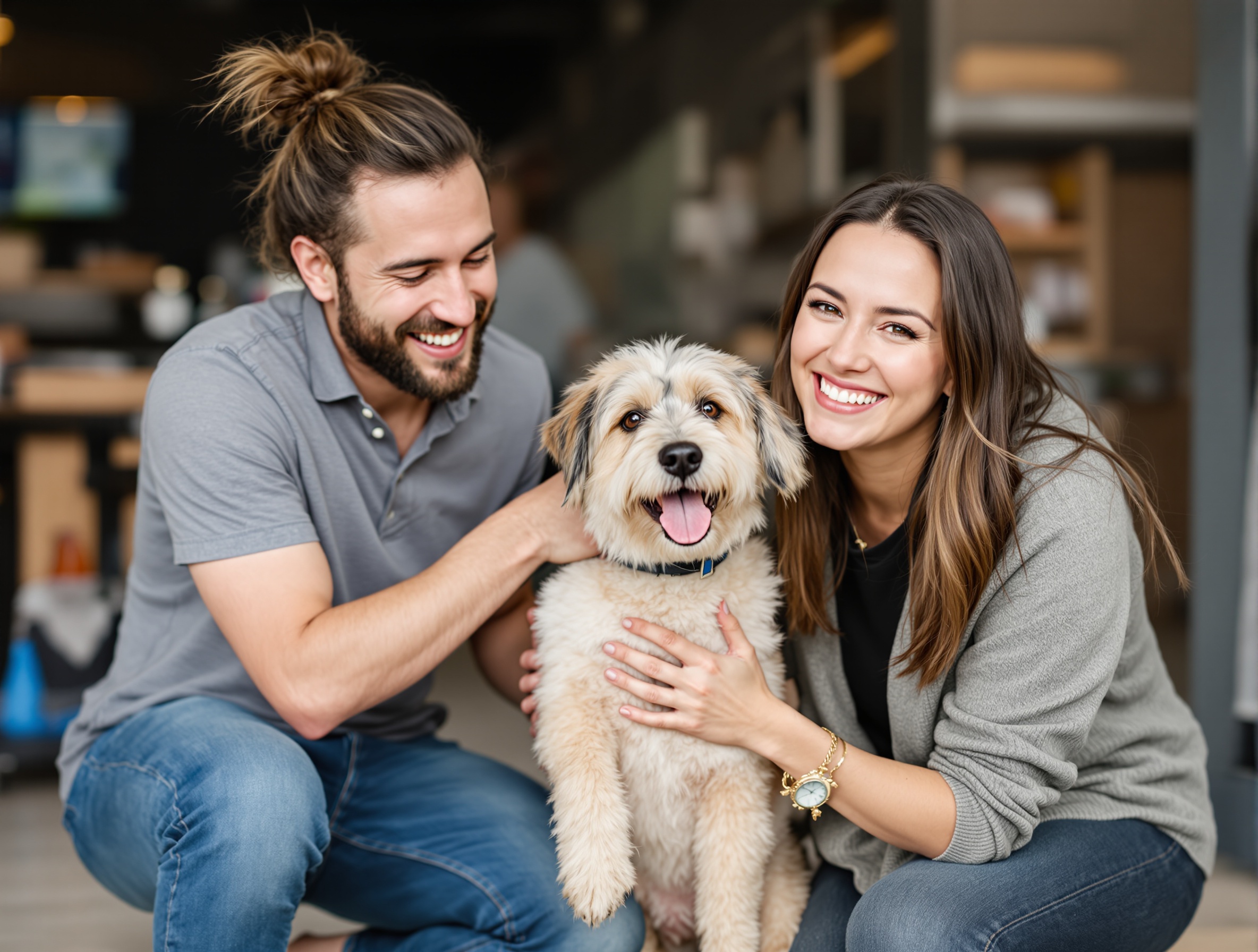 Friends celebrating together with a rescued dog