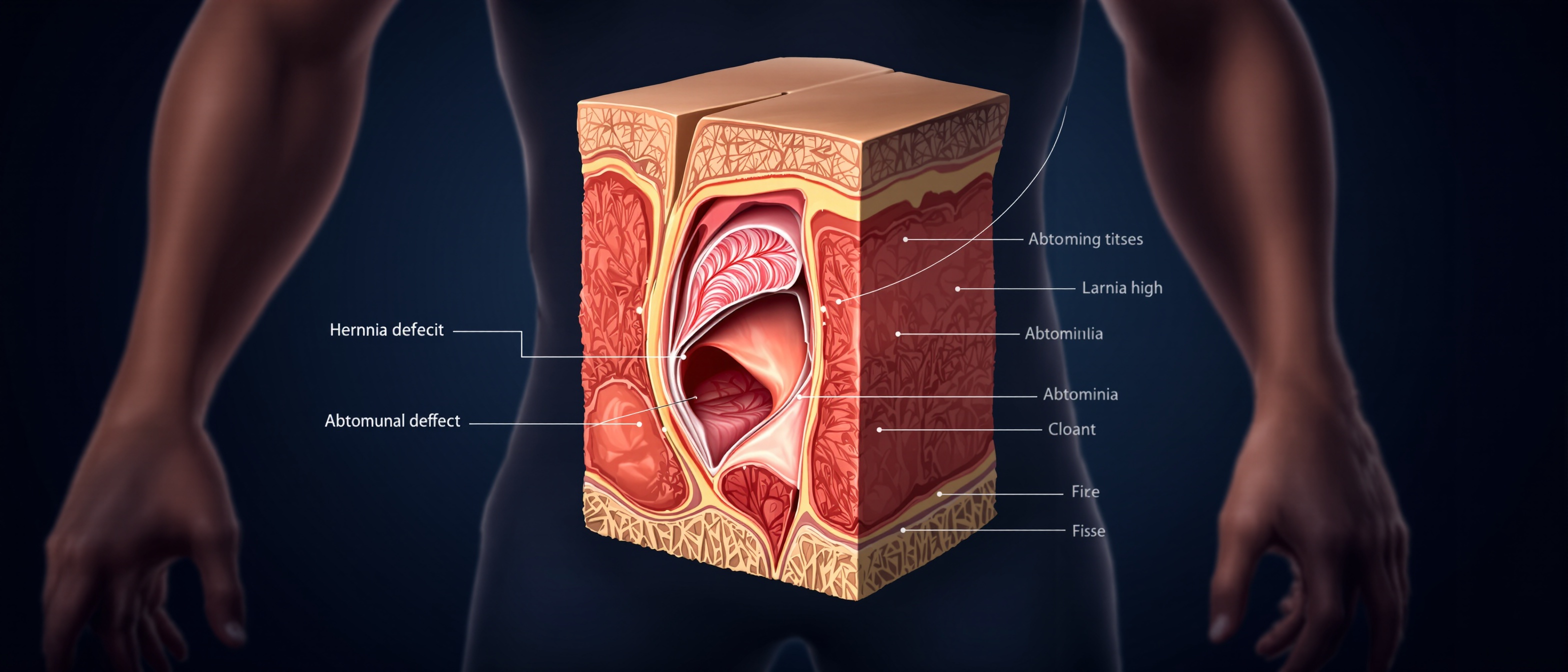 Abdominal wall anatomy showing hernia defect — recurrent hernia symptoms