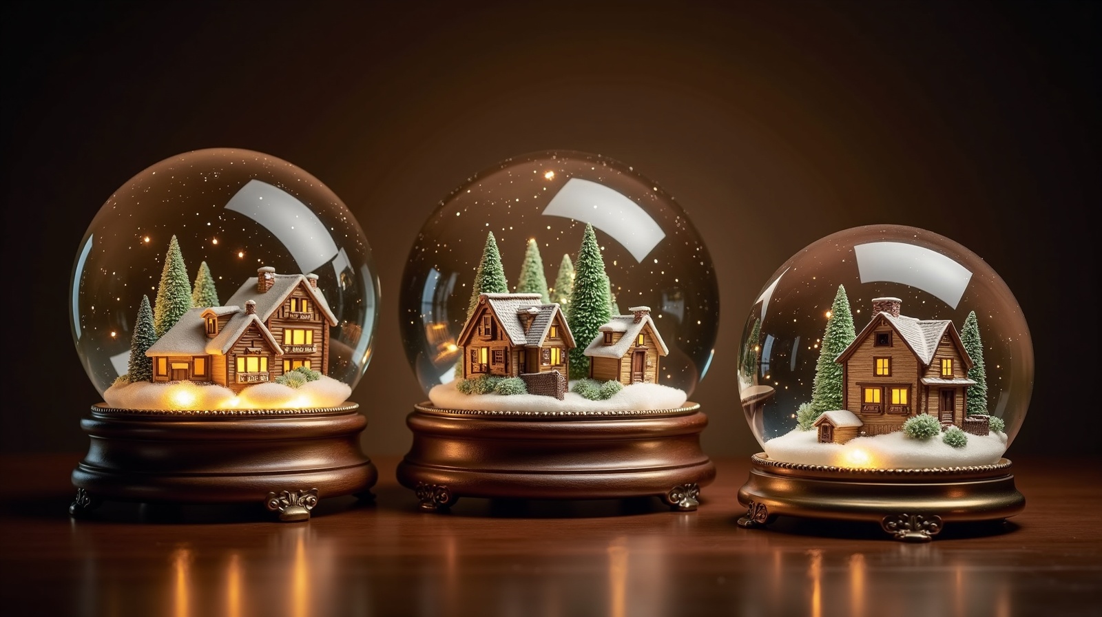 Custom snow globe collection featuring glass domes with detailed miniature scenes and glowing decorative bases