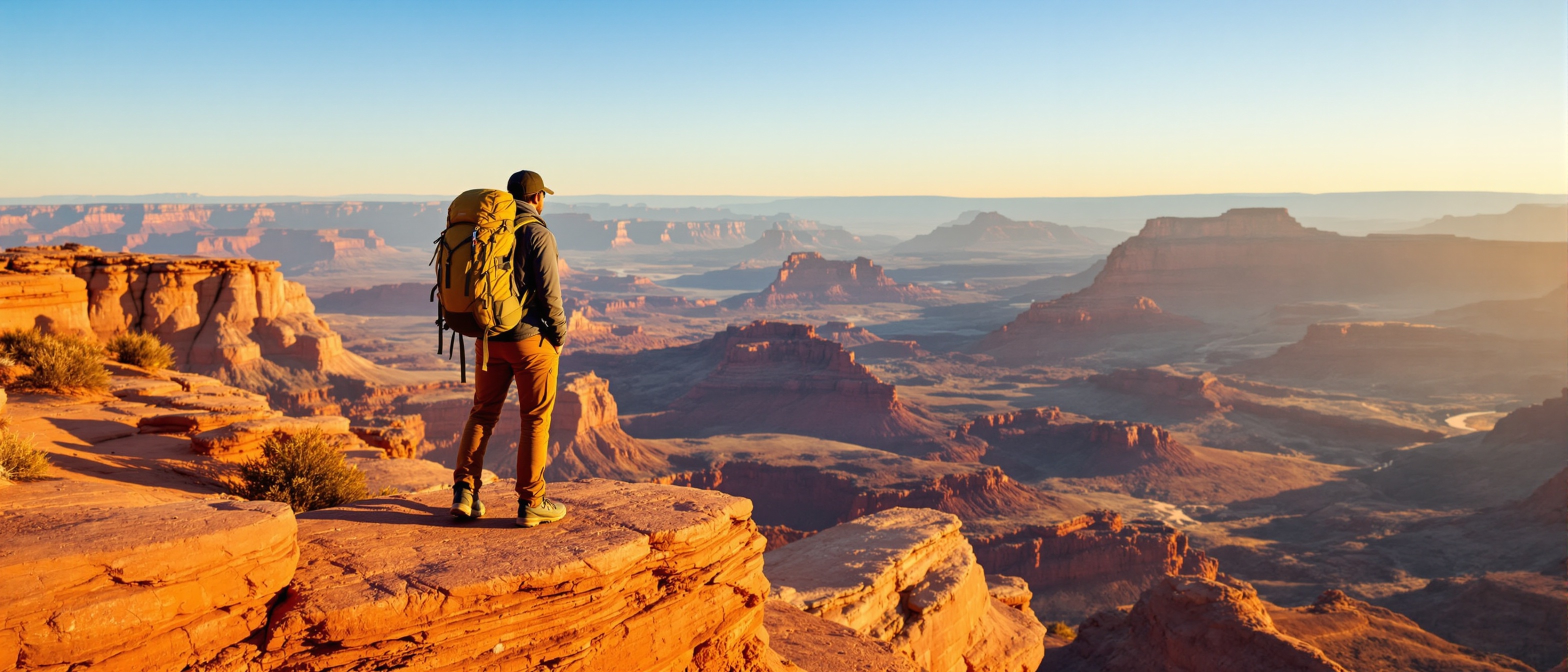 Adventurous hiker standing on red sandstone cliff edge overlooking vast Canyonlands desert landscape in Utah with dramatic canyon views stretching to horizon wearing proper hiking gear and backpack golden afternoon sunlight illuminating layered rock formations deep canyons and mesas below clear blue sky rugged terrain with scattered desert vegetation sense of scale and adventure safety equipment visible epic Southwest scenery