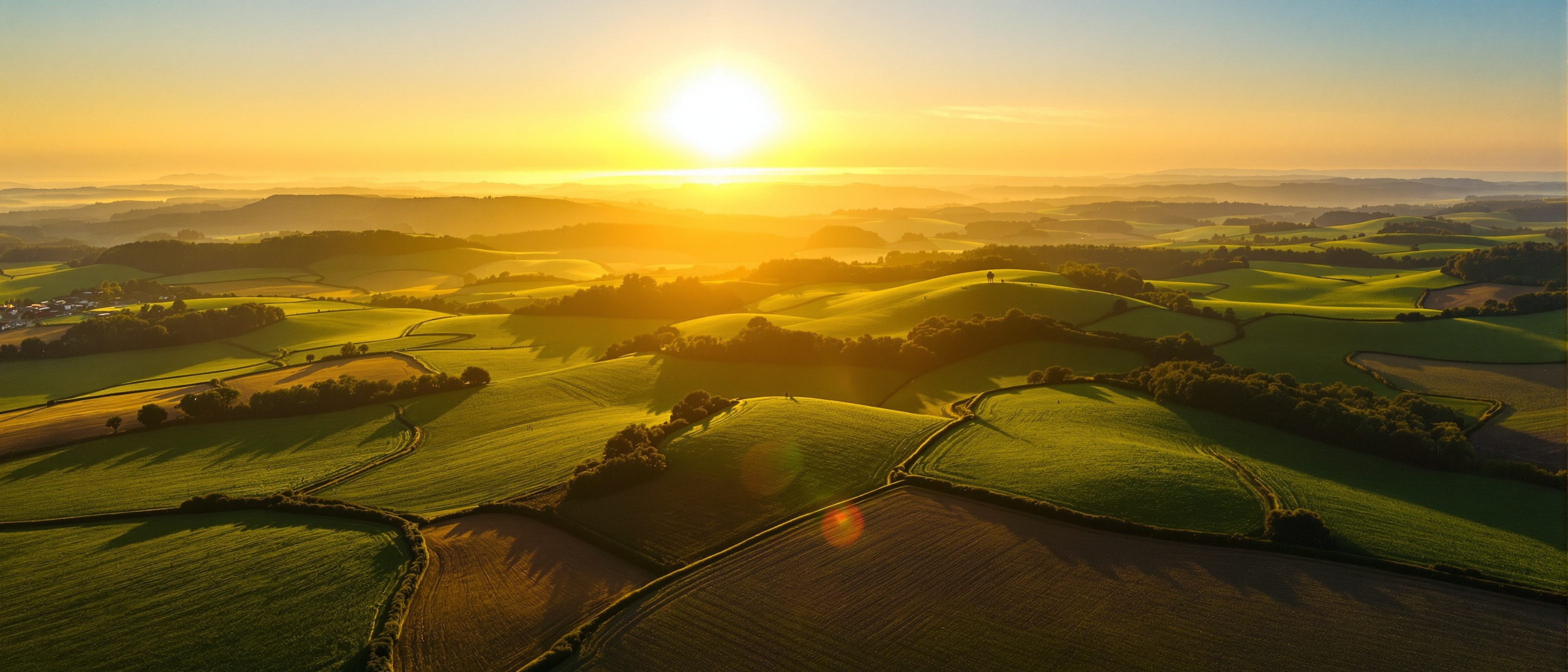 Aerial view of farmland at golden hour