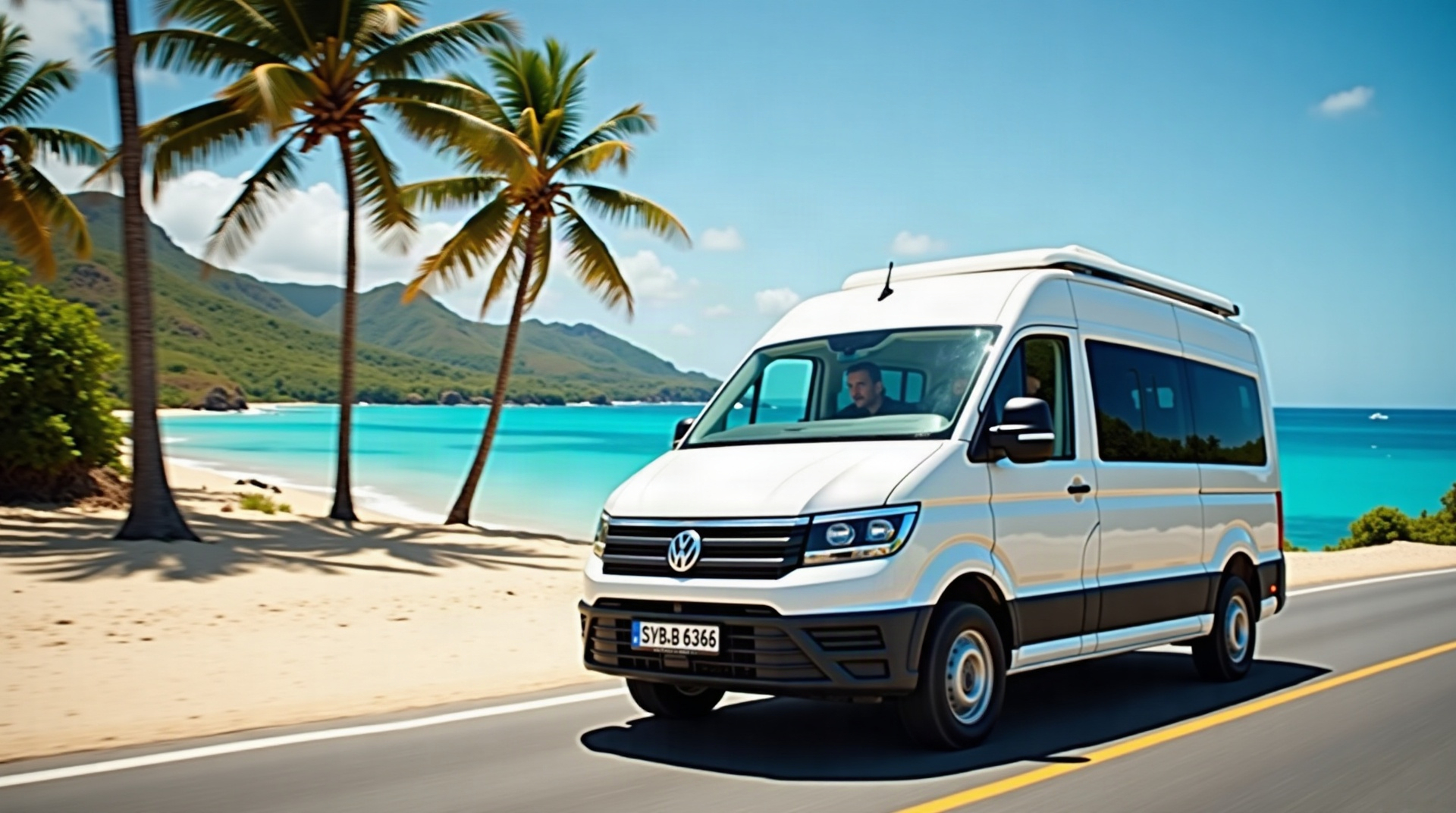Private transfer van on a Mauritius coastal road