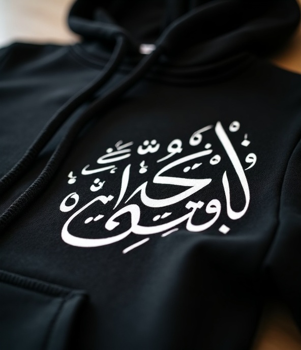 Arabic calligraphy print detail — Amani Haus kids hoodie