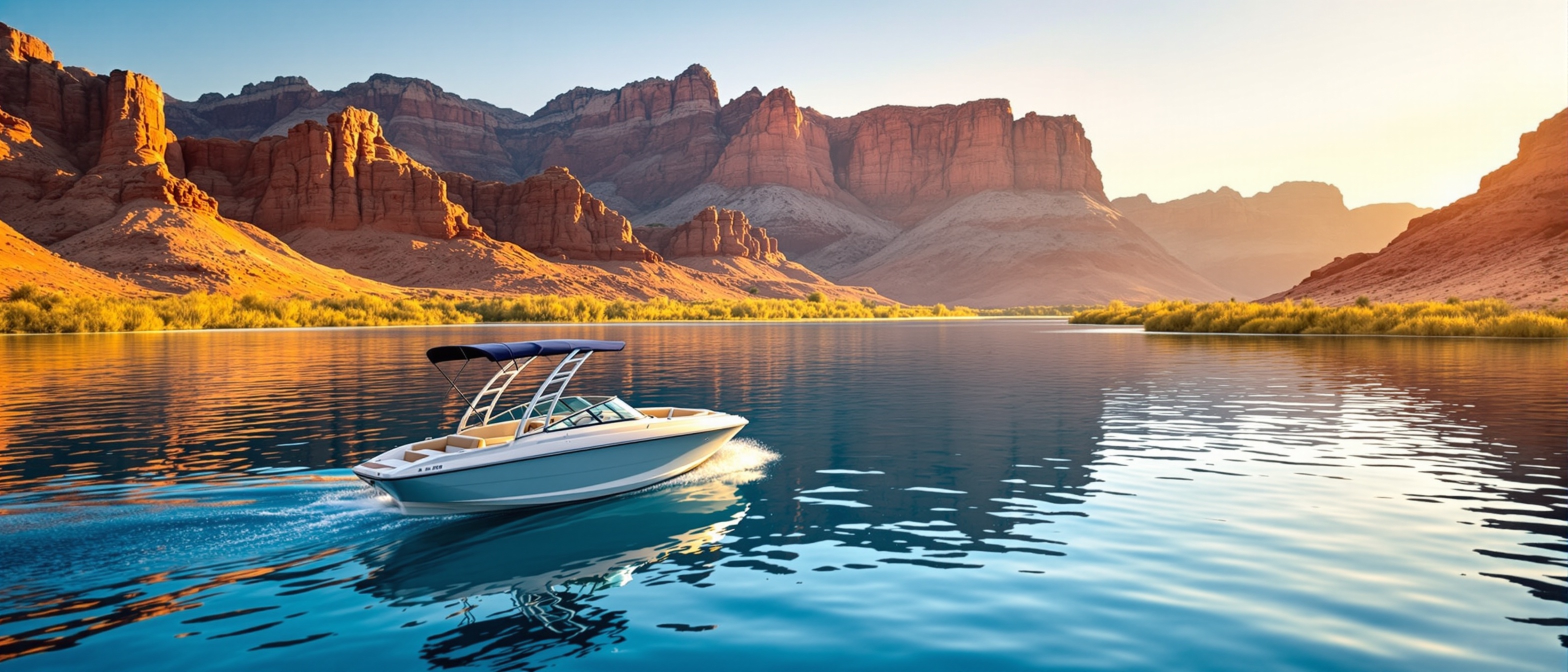Boat on scenic lake with mountain backdrop