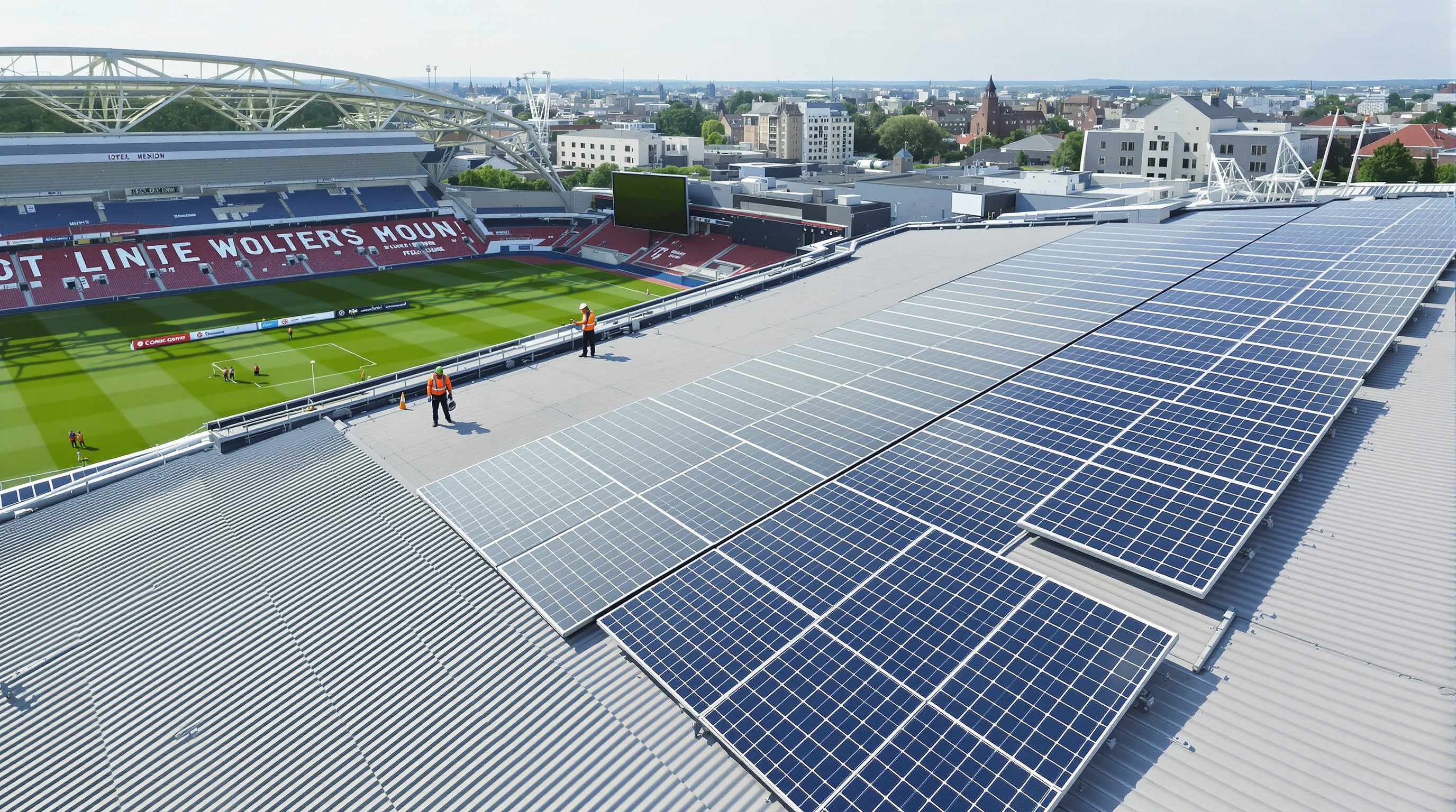 Completed solar panel array on Manchester arena roof with installer reviewing commissioning checklist