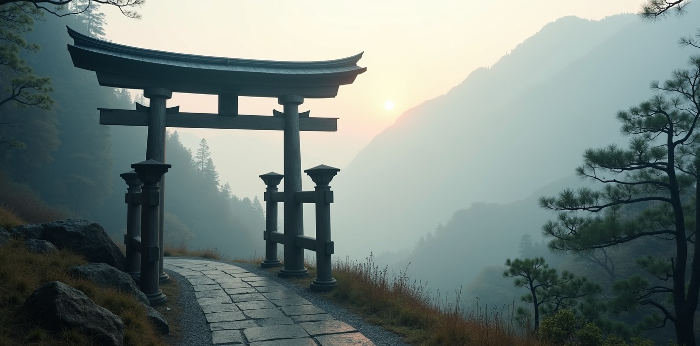 Traditional Japanese torii gate at dawn