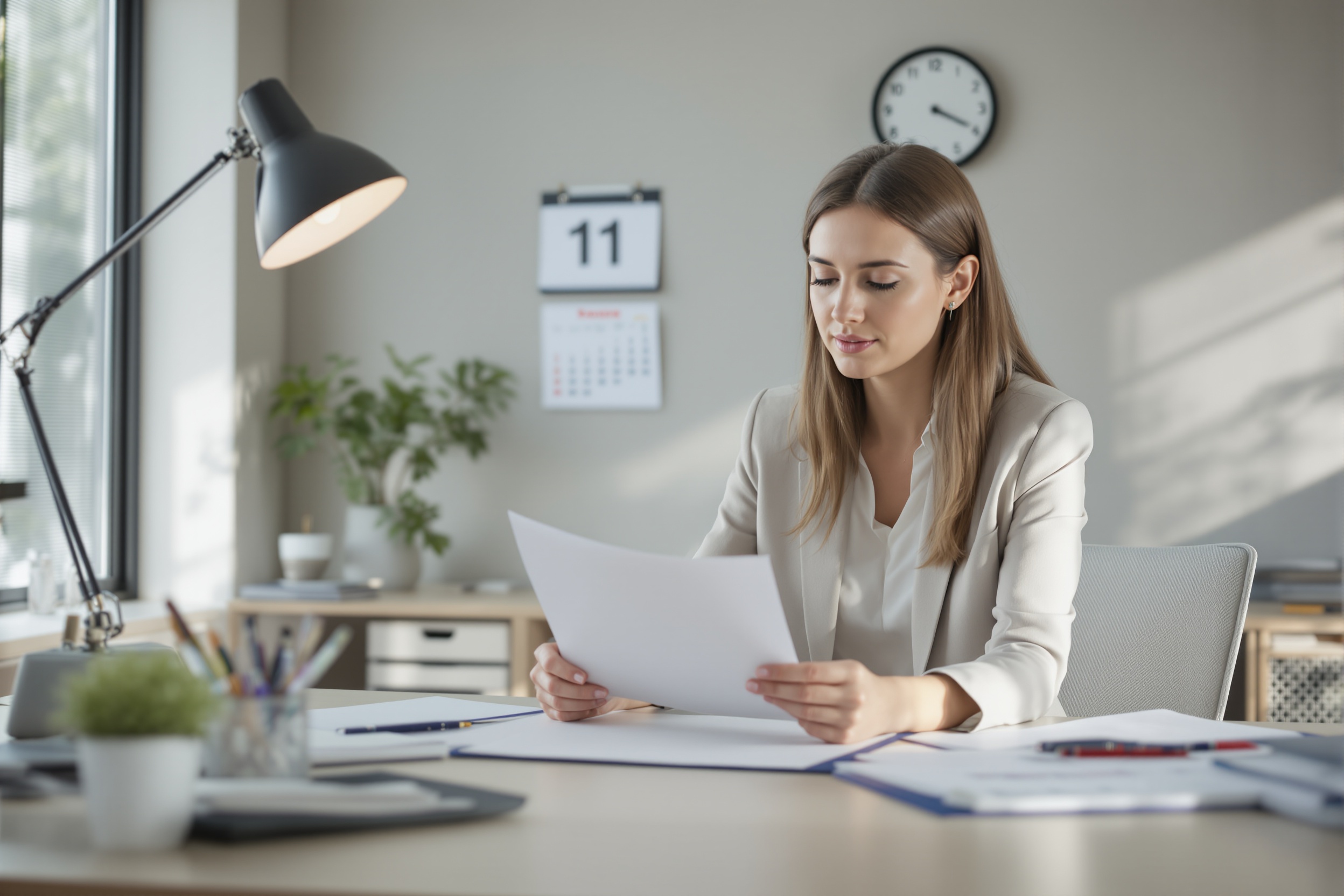 Professional reviewing important legal documents with calendar