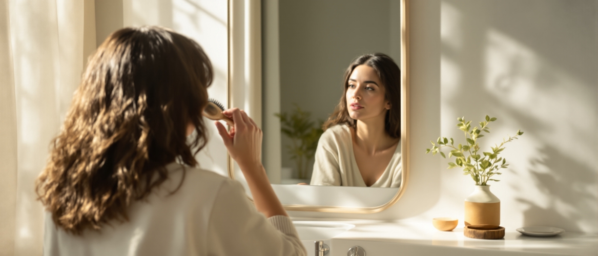 Woman examining her hair in a bathroom mirror, representing GLP-1 medication hair loss concerns