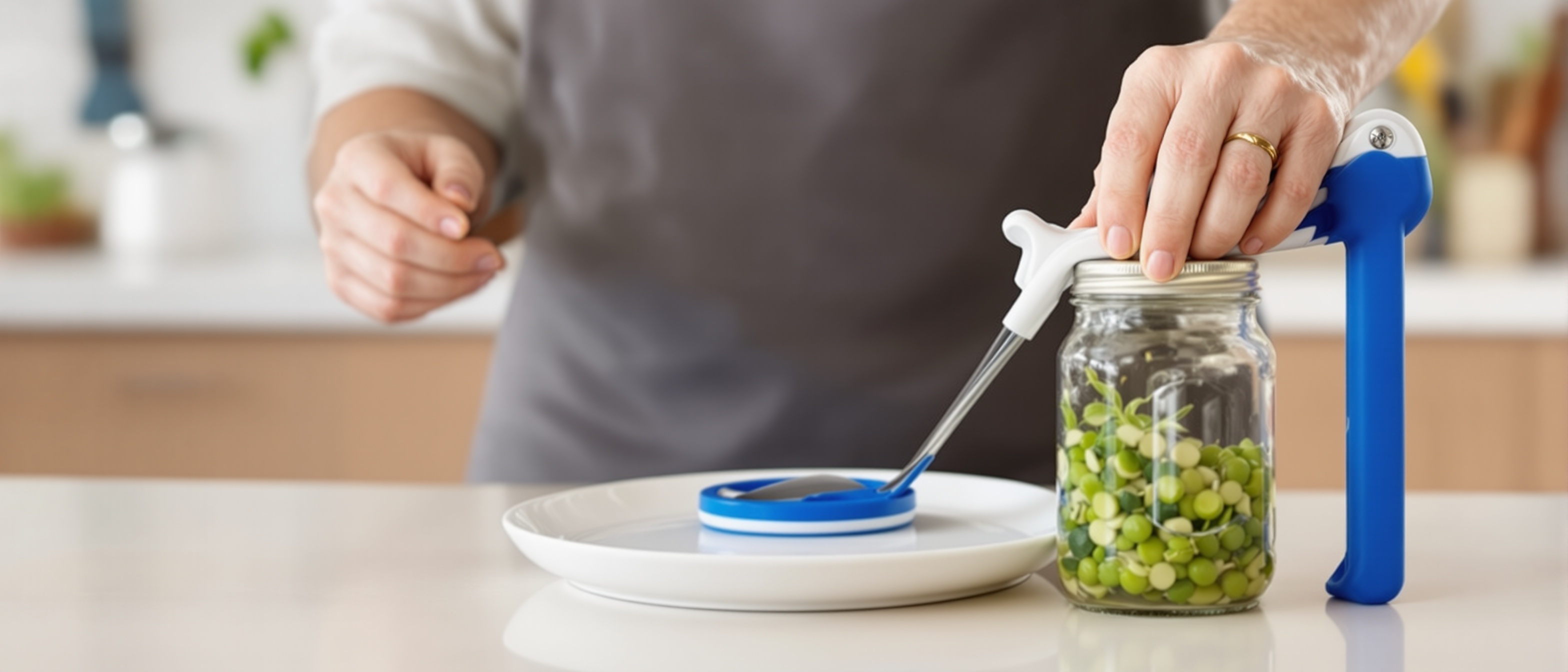 Senior using adaptive utensils and easy-grip kitchen tools for independent mealtime