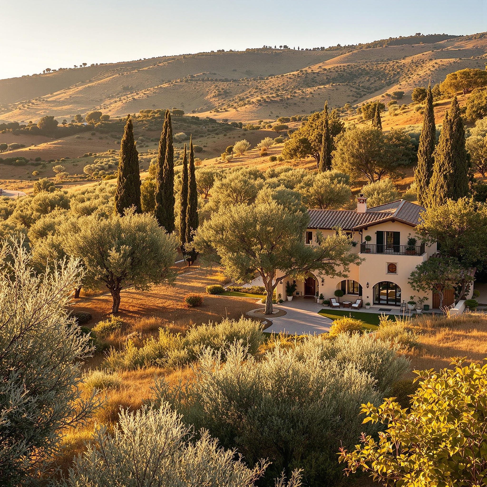 Mediterranean villa landscape showing surrounding terrain for Classical Feng Shui environmental assessment