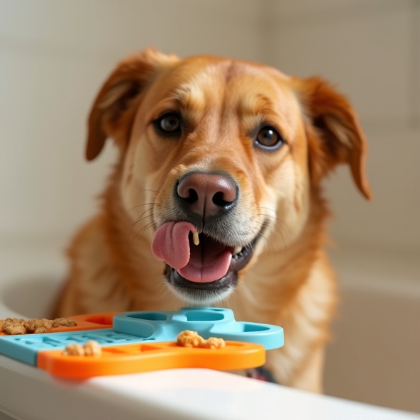 Dog calmly licking the mat during bath