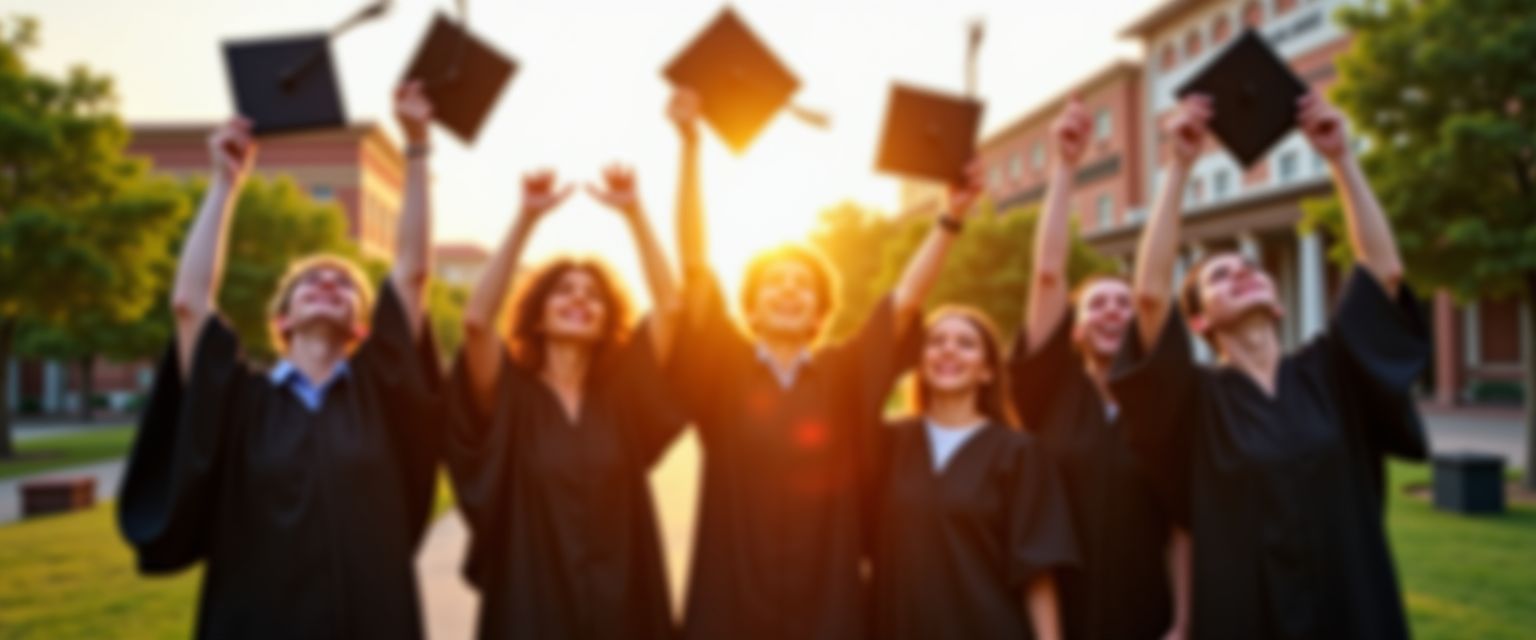 Alunos formados comemorando jogando chapéu para cima