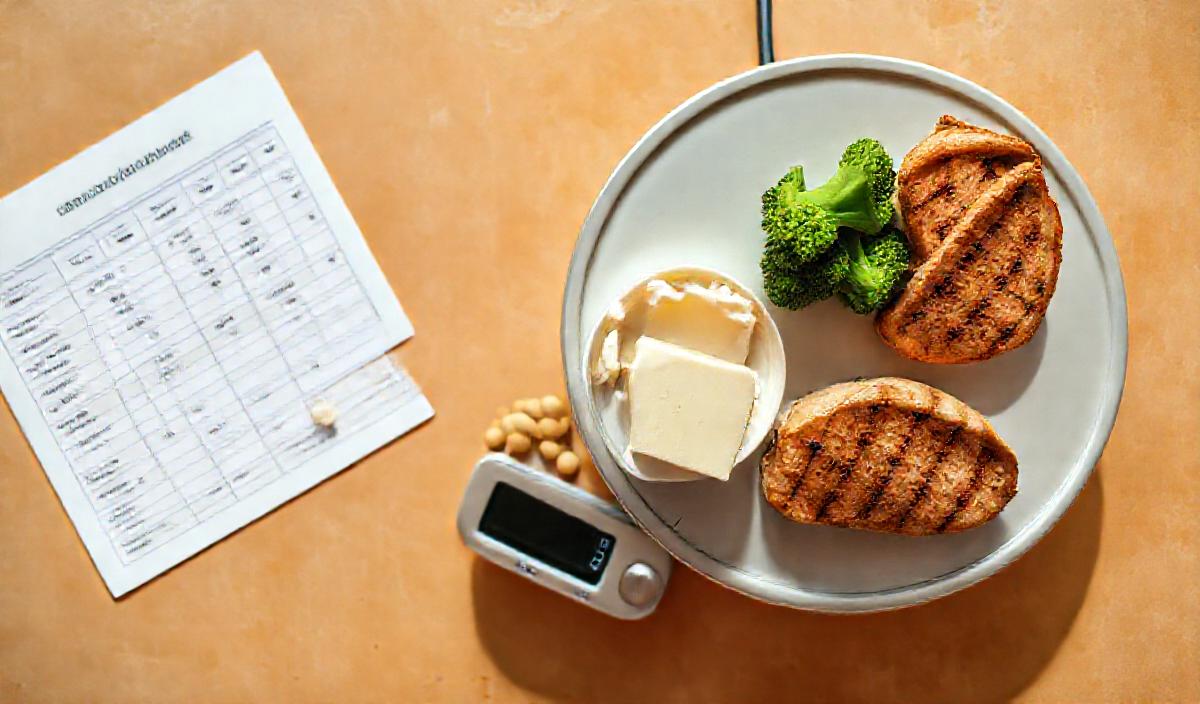 Precisely portioned classic ketogenic diet meal for epilepsy management with high-fat foods on a food scale and meal planning chart