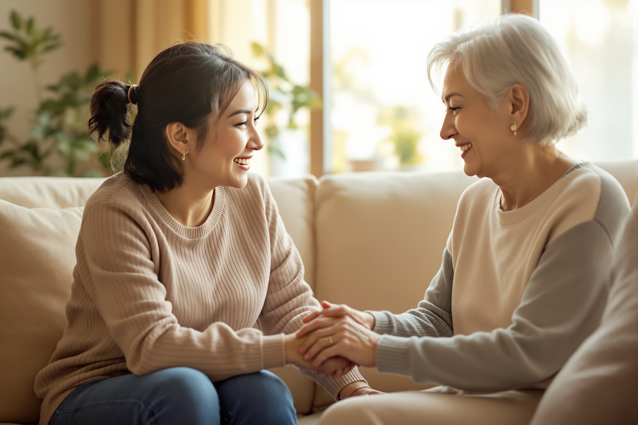 A family caregiver gently caring for an elderly loved one at home