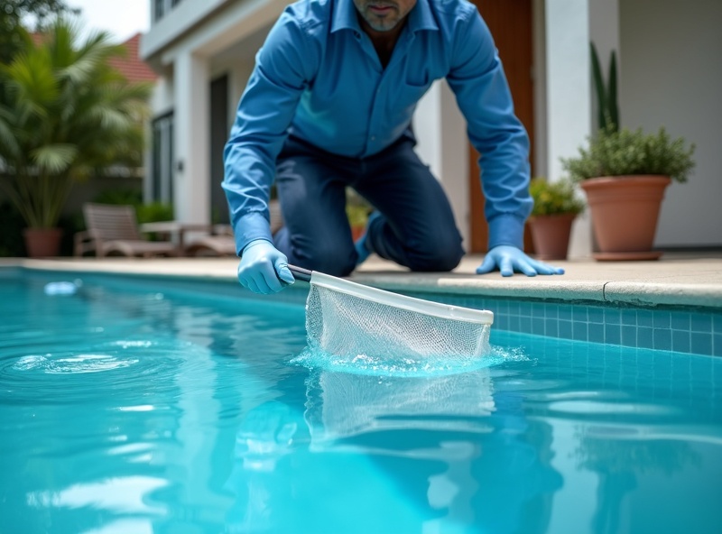Pool technician cleaning a residential swimming pool