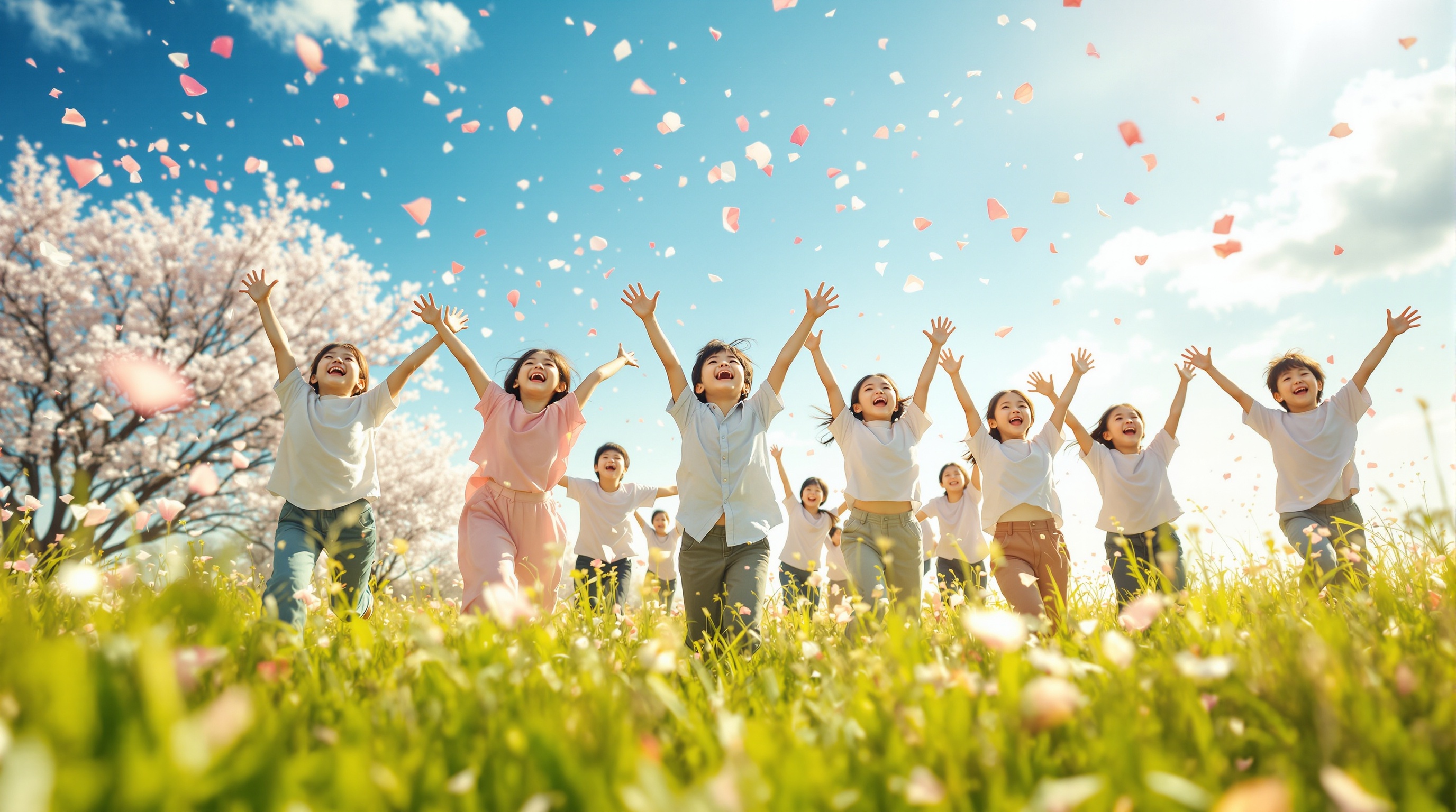広大な野原を骆ける子どもたち - 次の世代の明るい未来