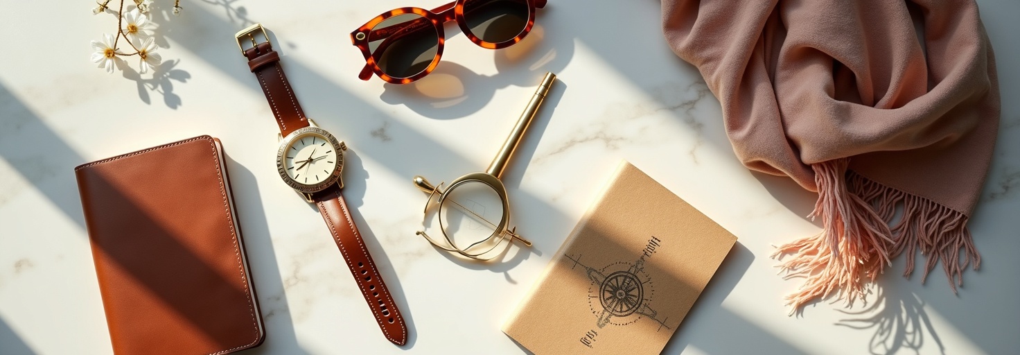 Luxury travel essentials flatlay
