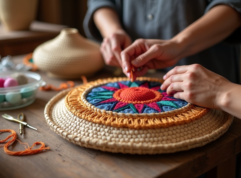 Broderie sur accessoires - Enjoy Essaouira Broderie sur accessoires en fibre de Doum