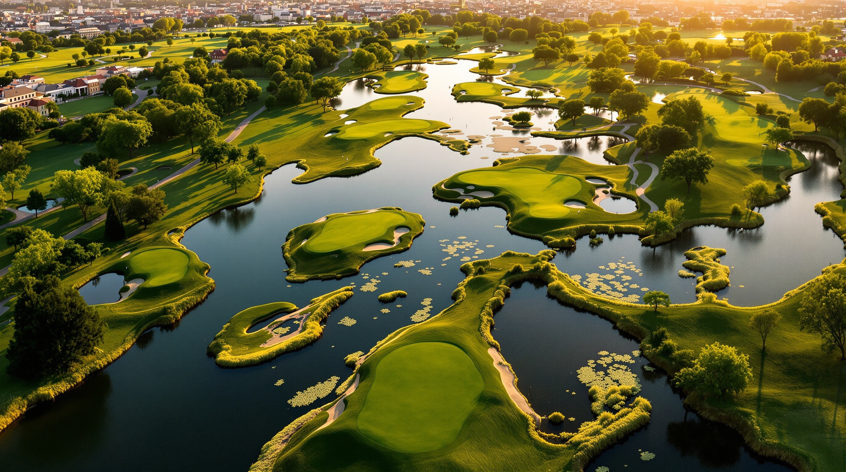 Le Golf National Albatros Course Paris France Ryder Cup championship fairways golden afternoon light cinematic panoramic aerial view