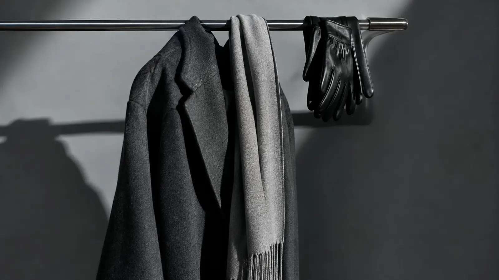 Wool coat, cashmere scarf and leather gloves hanging on a steel rail