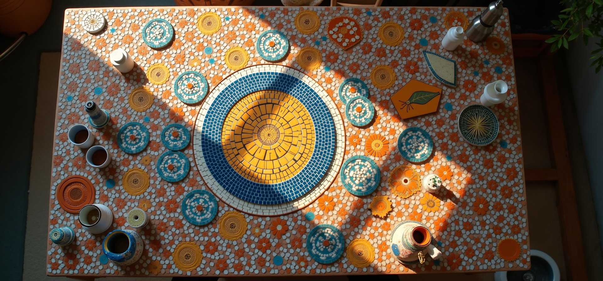 Mosaic workshop with colorful ceramic tiles from above