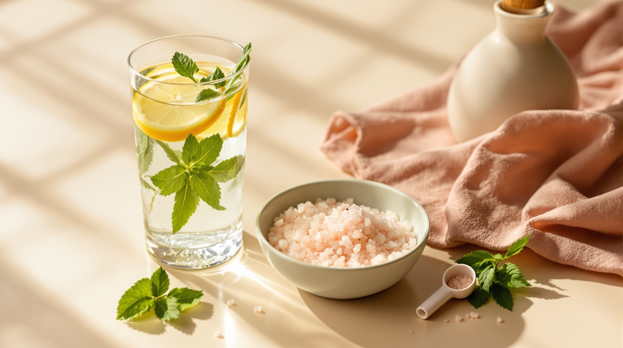 Glass of water with lemon and mint beside pink Himalayan salt and electrolyte powder representing keto hydration and electrolyte balance
