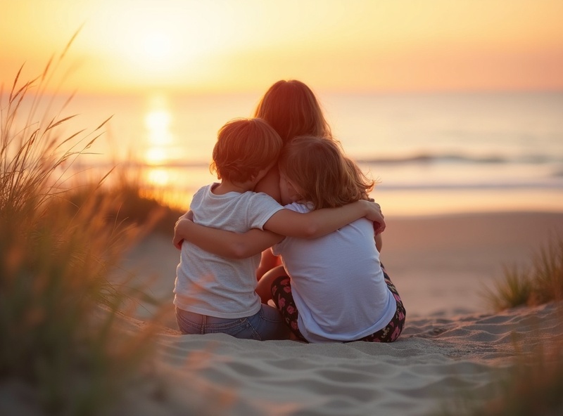 A mother and her children sharing a peaceful, connected moment together by the ocean at sunset