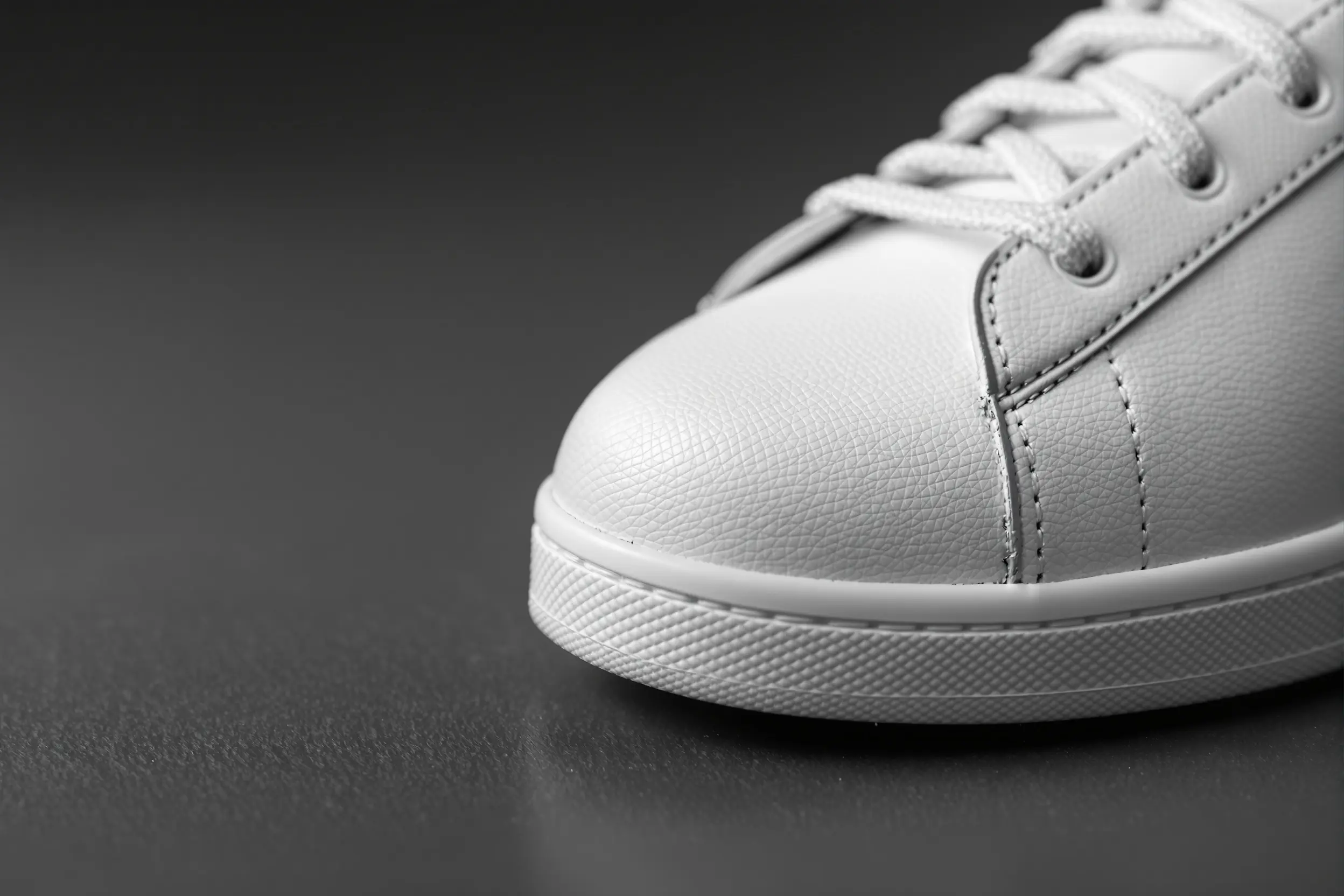 Close crop of a plain white sneaker showing toe panel stitching and the rubber sole edge on a neutral background