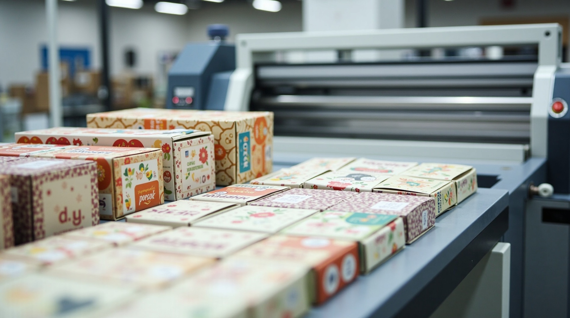 Drukarnia cyfrowa opakowań - profesjonalny druk pudełek kartonowych na kosmetyki i żywność, nowoczesna linia produkcyjna z kolorowymi drukowanymi pudełkami produktowymi