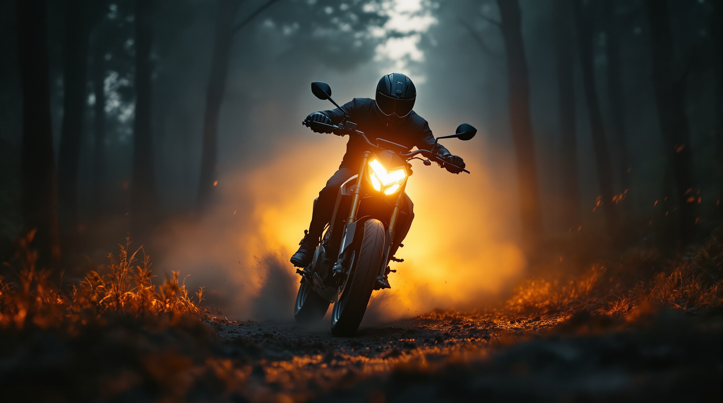 Sur-Ron electric dirt bike riding through forest trail