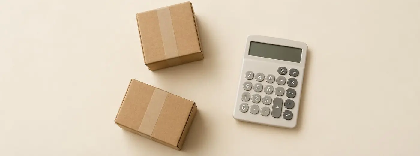 Dos paquetes pequeños de cartón y una calculadora sobre una superficie crema
