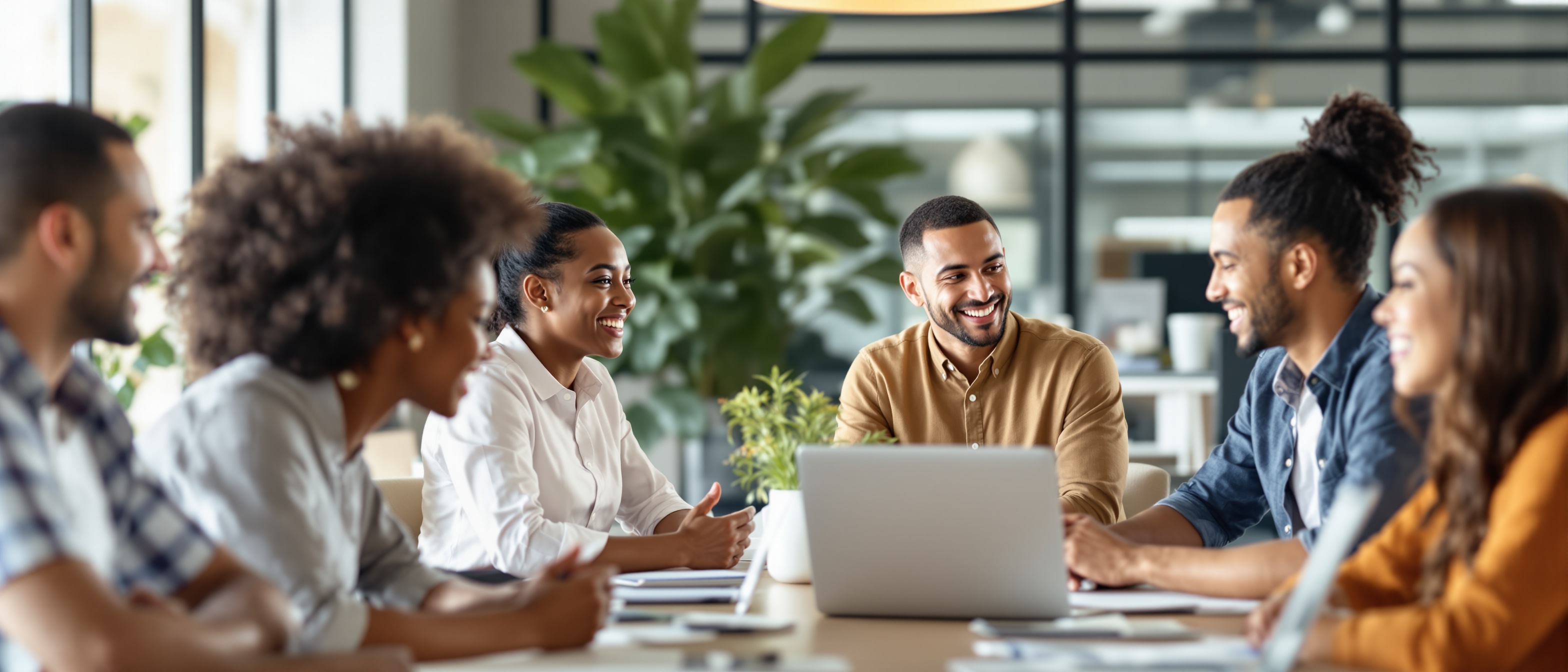 Diverse group of happy employees collaborating in a modern Florida office — GWC Medical employer healthcare solutions