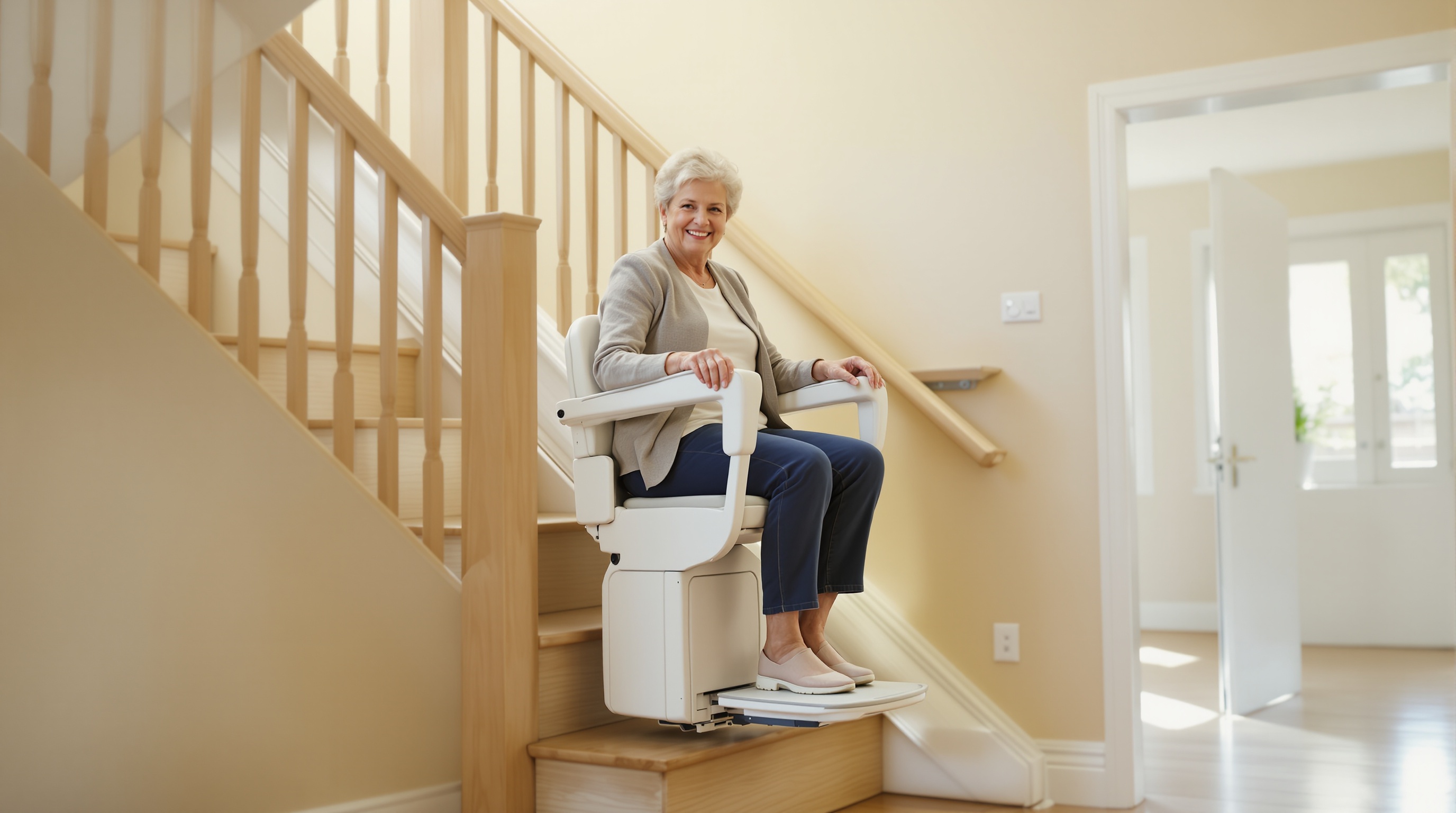 Senior using Bruno Elan SRE-3050 stair lift in New Jersey home