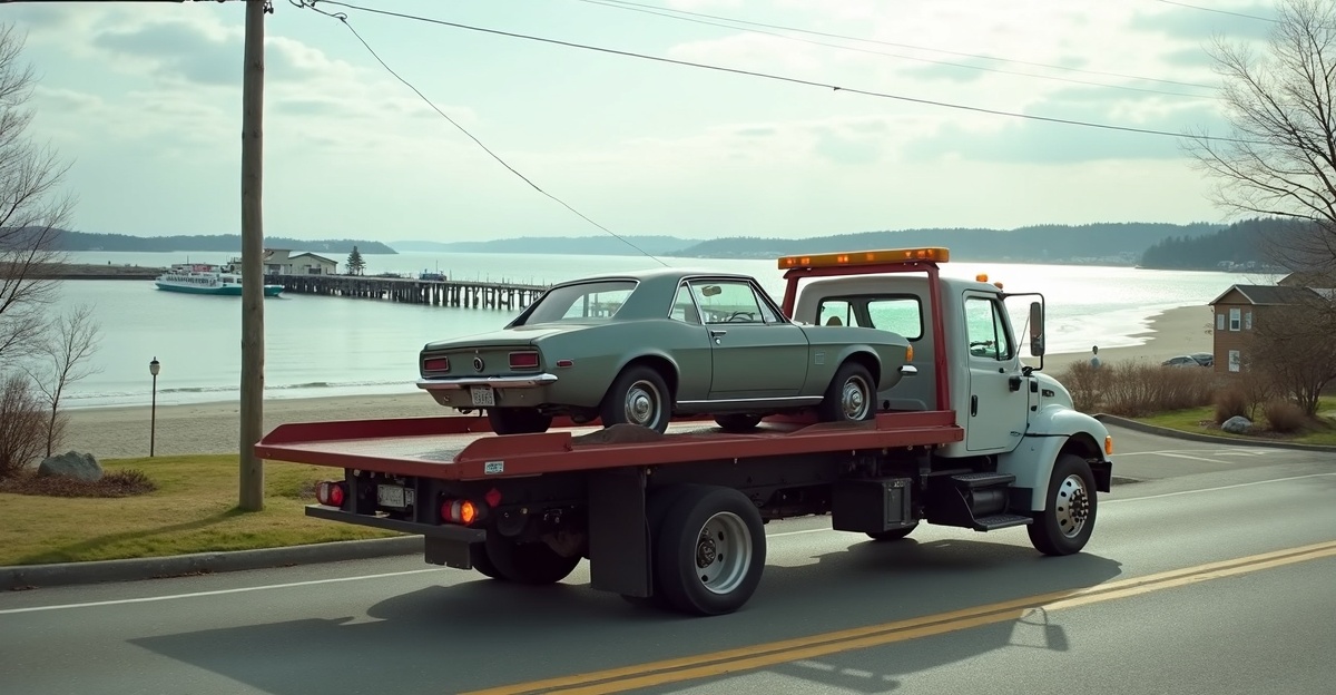Flatbed tow truck removing a rusted car from a street in White Rock Beach near the waterfront promenade with the iconic pier and Semiahmoo Bay in the background