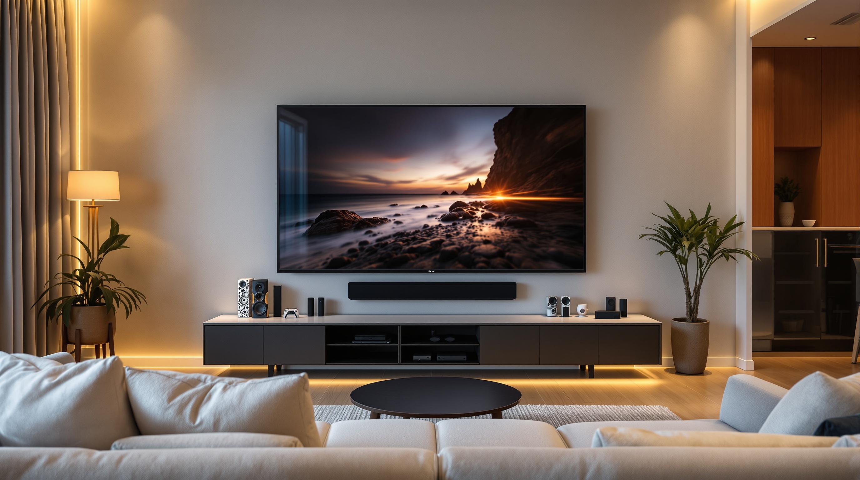 Modern family media room with integrated entertainment system