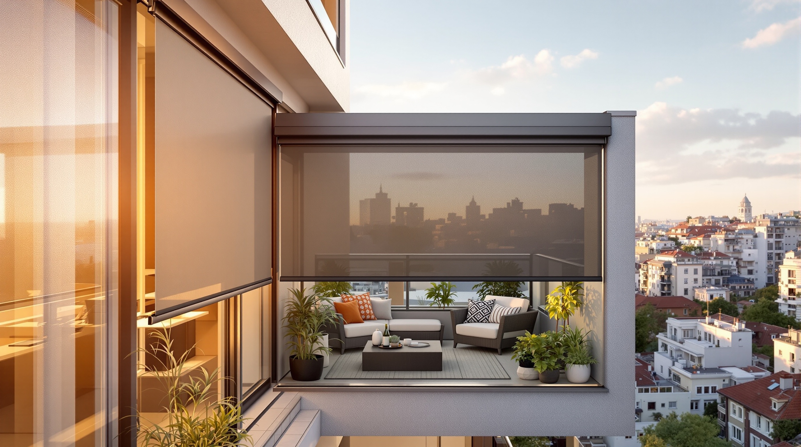 Küçük balkon gölgelendirme çözümü - Zip perde sistemi ile donatılmış modern balkon