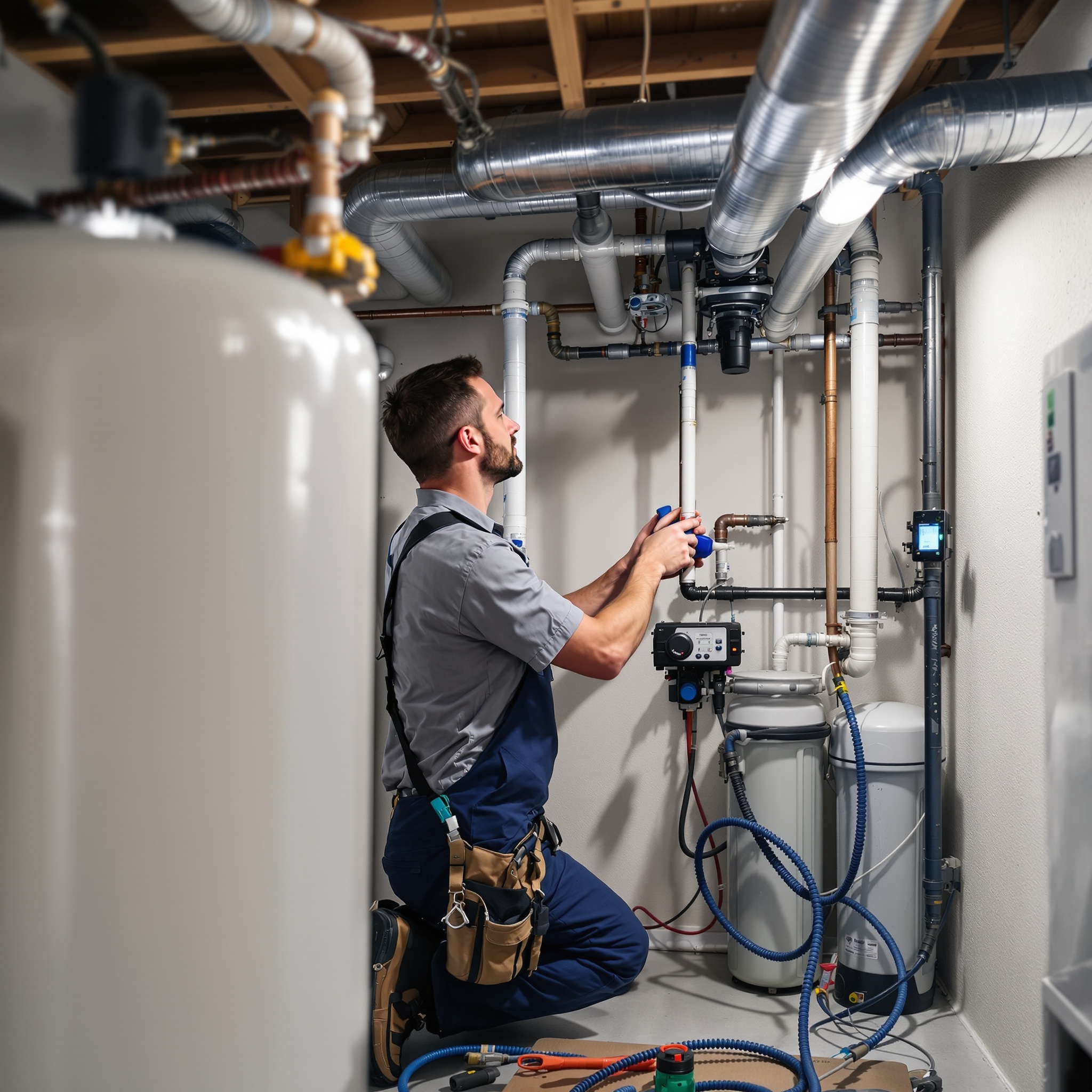 All Drains Plumbing technician inspecting water filtration system in a Bensalem PA home