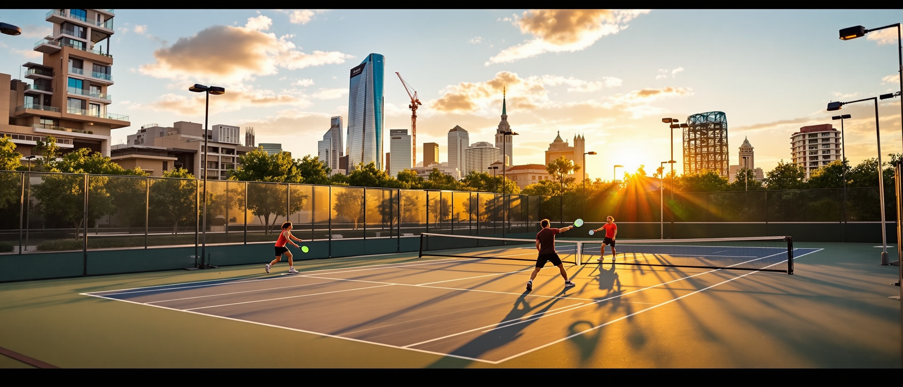 Padel players on a proper padel court in Barcelona with city skyline