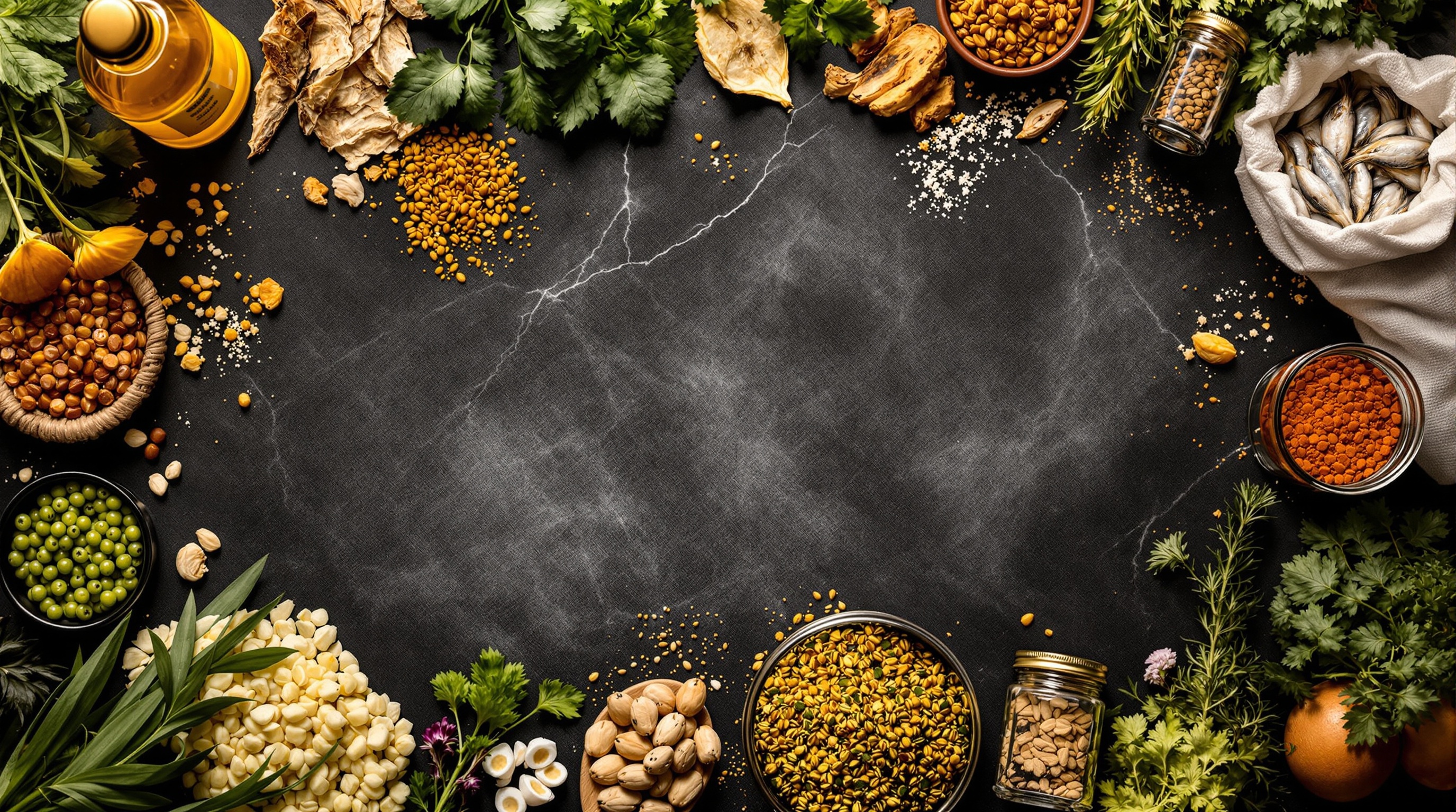 Premium African grocery ingredients arranged on dark marble for building a custom subscription box