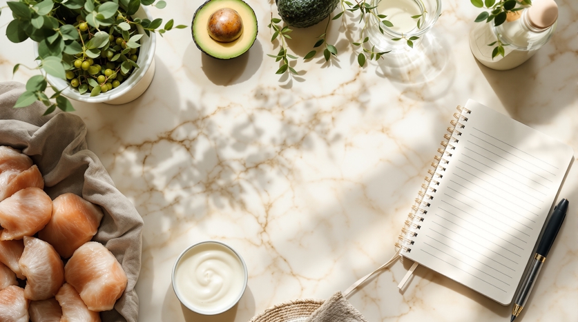 Dairy-free keto setup with olive oil, coconut oil, avocado, unsweetened almond milk and fatty fish beside a net-carb tracking notebook