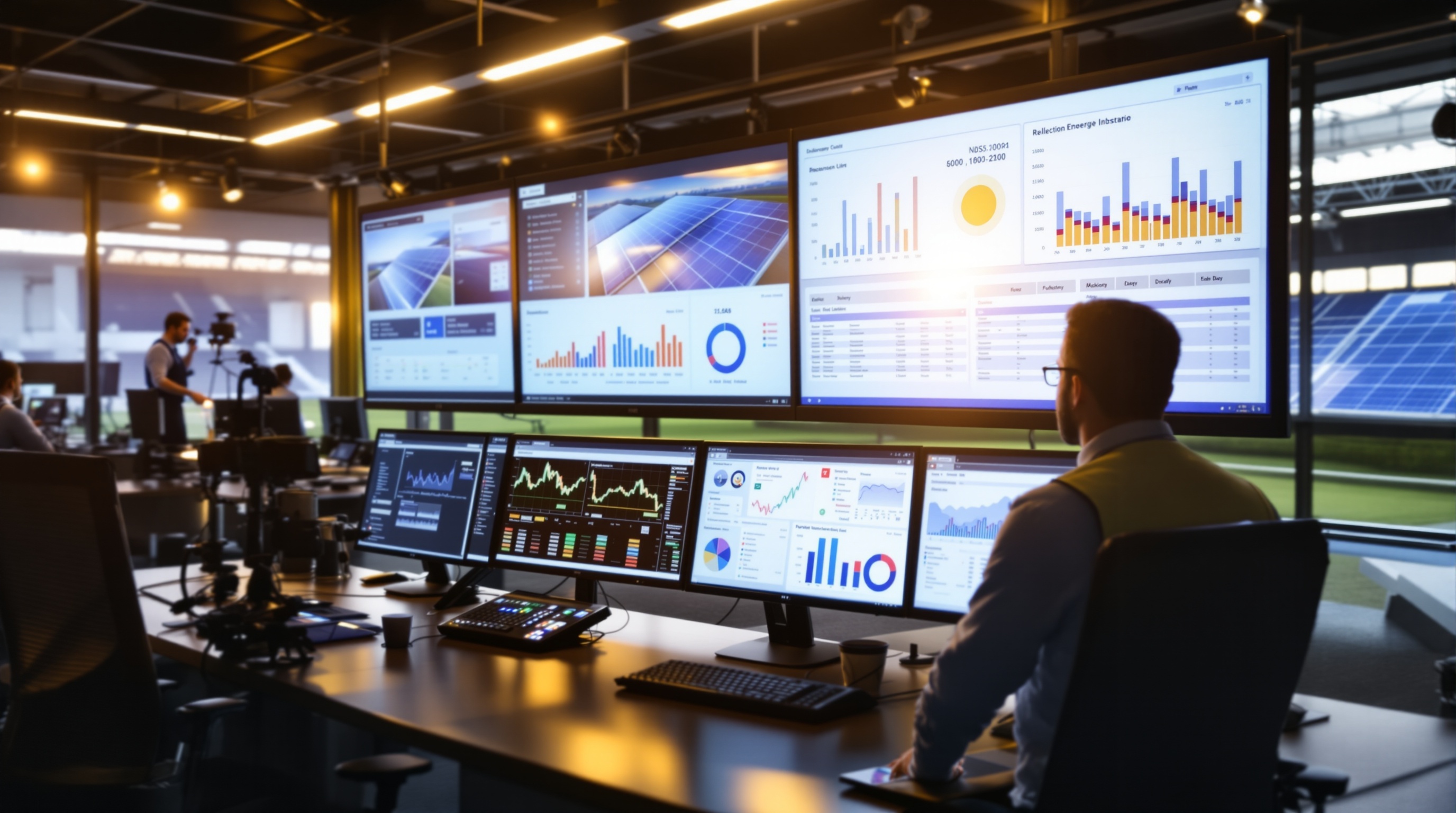 Facilities manager monitors solar energy output on dashboard screens inside Manchester stadium office