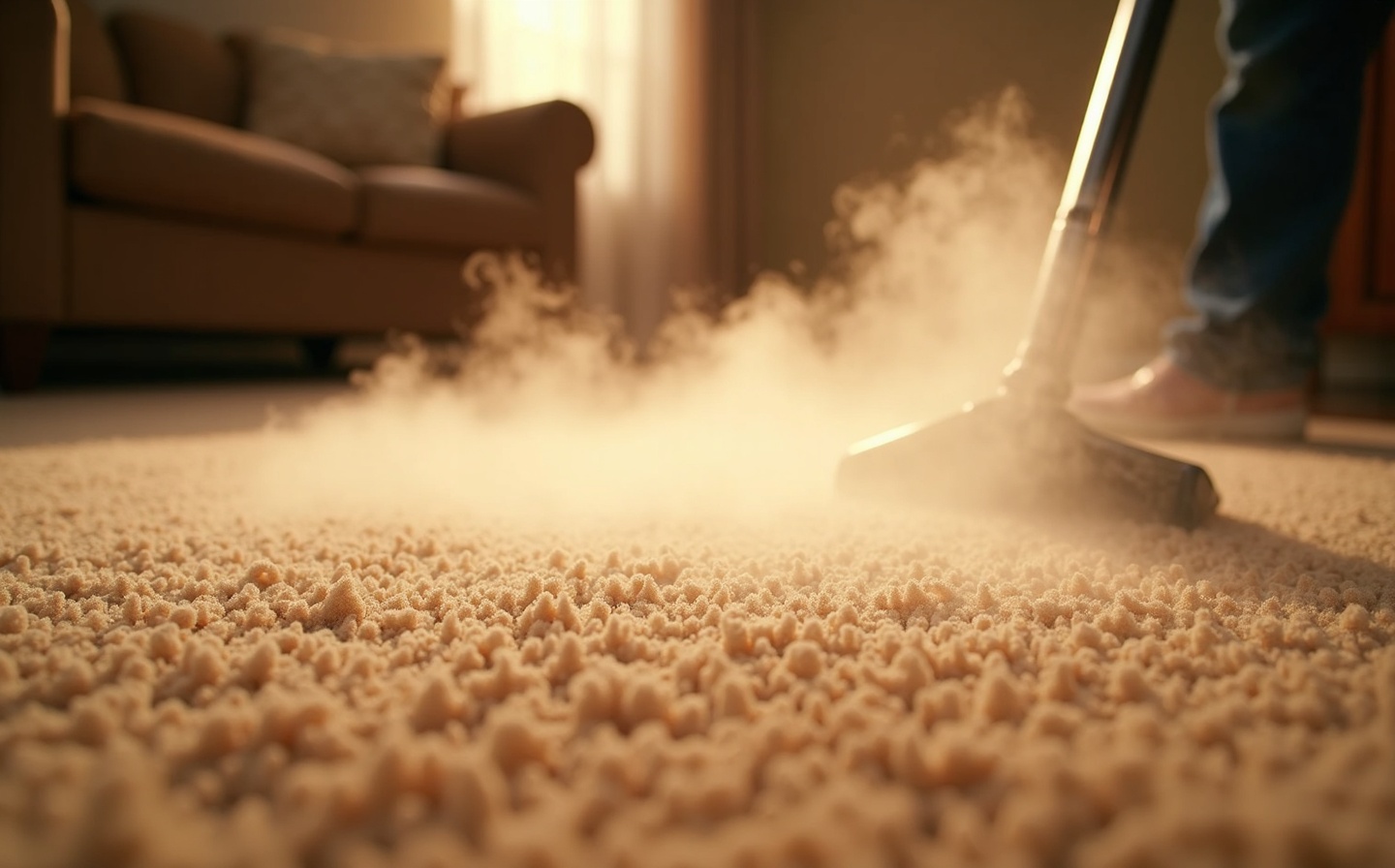 Angled perspective professional carpet steam cleaning with rising steam
