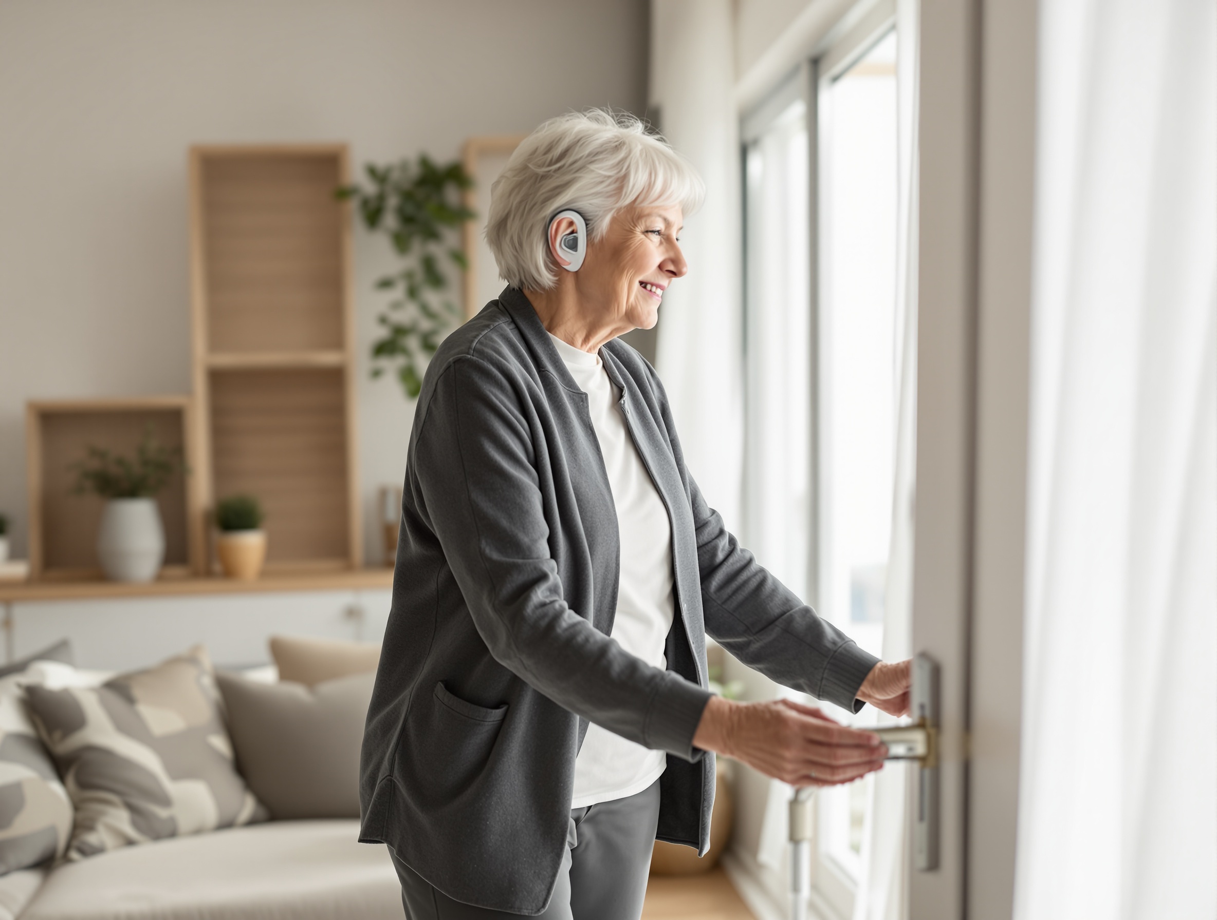 Senior woman with hearing aid walking carefully at home