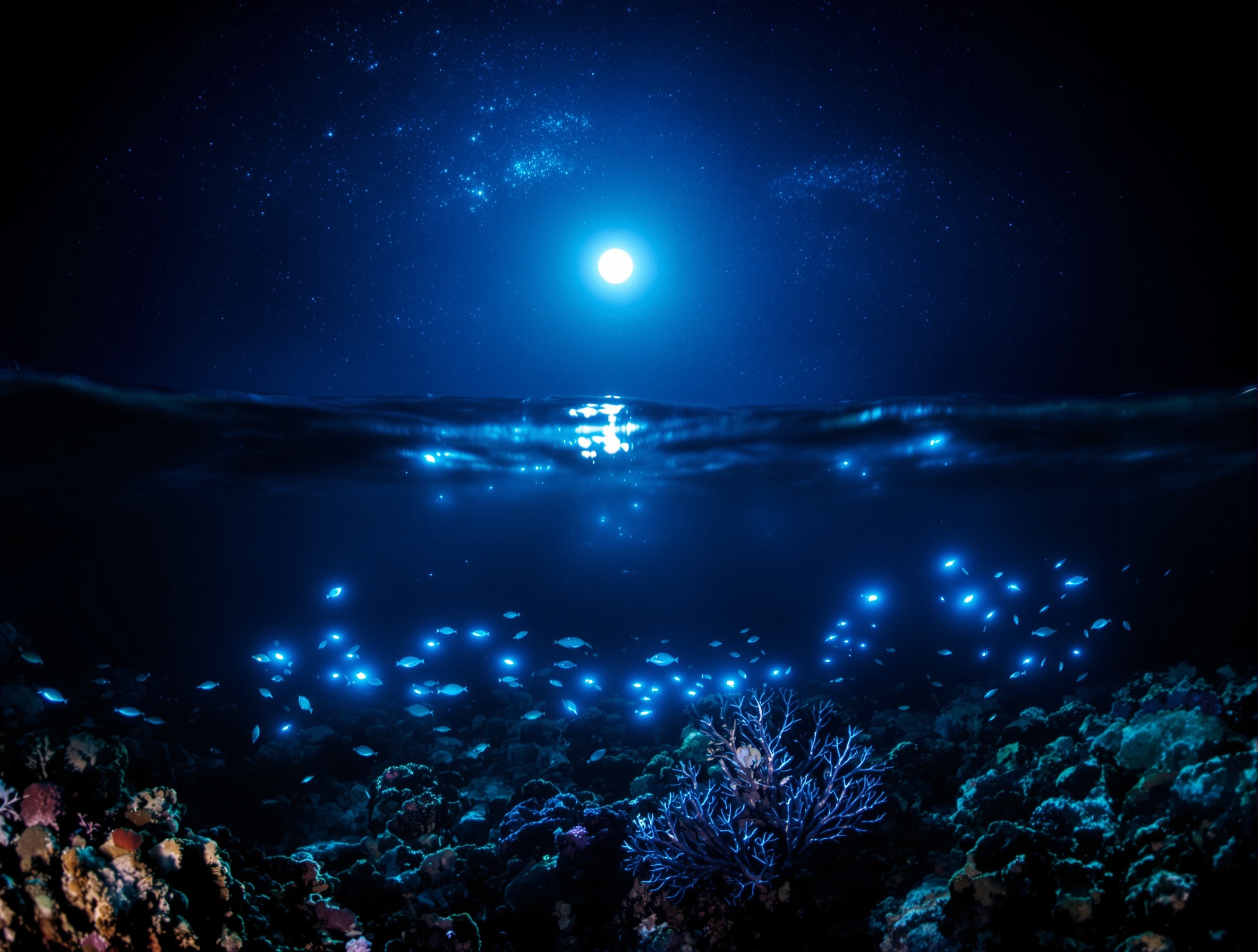 Underwater night dive scene with full moon light illuminating coral reef and bioluminescent marine life